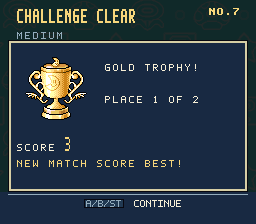 A gold-trophy Challenge Clear screen after a three-level duel challenge, with Medium difficulty shown below the heading.