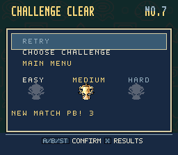 The challenge-complete menu with Retry selected, Choose Challenge and Main Menu choices, and the earned Medium gold trophy and personal best.