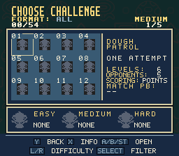 The challenge board at Medium difficulty, showing formats, CPU opponents and trophy progress.