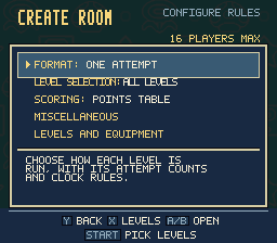 Configure Rules for a sixteen-player One Attempt room, with format, level selection, scoring, miscellaneous rules and levels and equipment. Start picks levels before review.