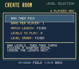 Level Selection configured as Ban Then Pick for four players, with the ban allowance, match length, level count and play order.