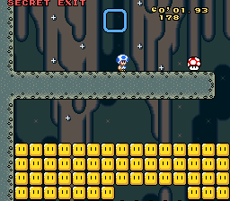 Toad playing Star World 1 with the time-attack HUD, secret-exit requirement and retry controls.