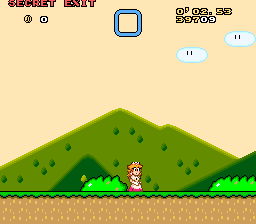 Peach running through Donut Plains 1 with the plain race HUD, secret-exit requirement and timers.