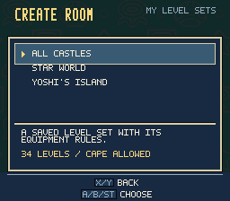 My Level Sets with All Castles, Star World and Yoshi Island examples, showing the selected set’s level count and equipment rule.