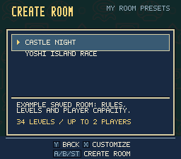 My Room Presets with the fictional Castle Night and Yoshi Island Race examples. A room preset saves the rules, levels and player capacity together.