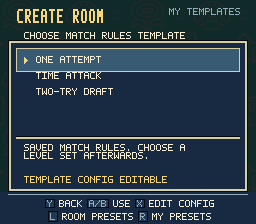 My Templates with saved One Attempt, Time Attack and Two-Try Draft rules. Templates can be used or edited before choosing levels.