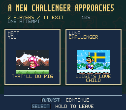 A two-player introduction showing Toadette and Luigi on separate profile cards.