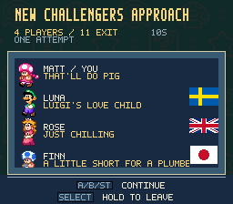 The four-player introduction with player names, chosen titles and country flags before an 11 Exit match.