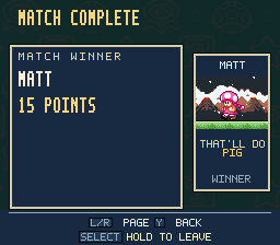 Match Complete with a yellow winner heading, 15 points and the winning Toadette’s profile card.