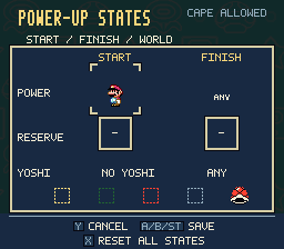 The Power-up States editor with start and finish equipment, reserve items, Yoshi, switches and special-world controls.