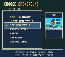 The profile background picker with Ice Mountains selected and Luigi’s snowy scene preview.