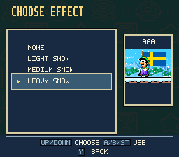 The profile effect picker with Heavy Snow selected, alongside None, Light Snow and Medium Snow.