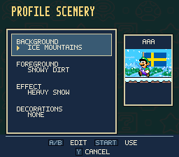 Luigi with Sweden’s flag on Ice Mountains and Snowy Dirt with Heavy Snow, beside the background, foreground, effect and decoration controls.
