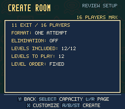 Review Setup for a sixteen-player 11 Exit room, showing the one-attempt format, included levels, play order and capacity and customisation controls.