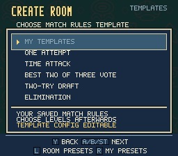 The match rules template chooser with My Templates, One Attempt, Time Attack, voting, draft and elimination formats.