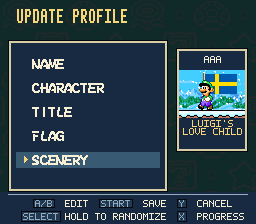 Update Profile with Luigi, Sweden’s flag and Luigi’s Love Child, showing name, character, title, flag and scenery controls.