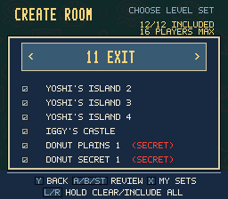The 11 Exit level set in a sixteen-player room, showing included levels, secret exits, equipment controls and the My Sets shortcut.